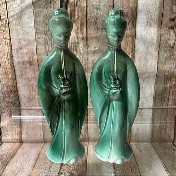 1946 Set of 2 Vintage Van BaalenPorcelain Celadon GlazedGeisha Girls Figurines